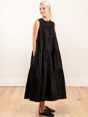CO Essentials Tiered Midi Dress Sleeveless Cotton Black Size L